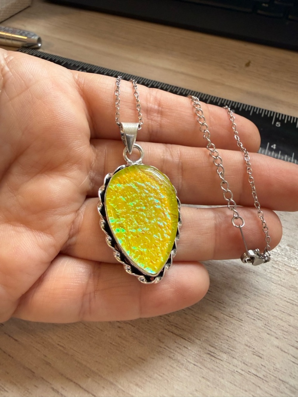Handcrafted Yellow Opal Teardrop Pendant Necklace - Sterling Tone